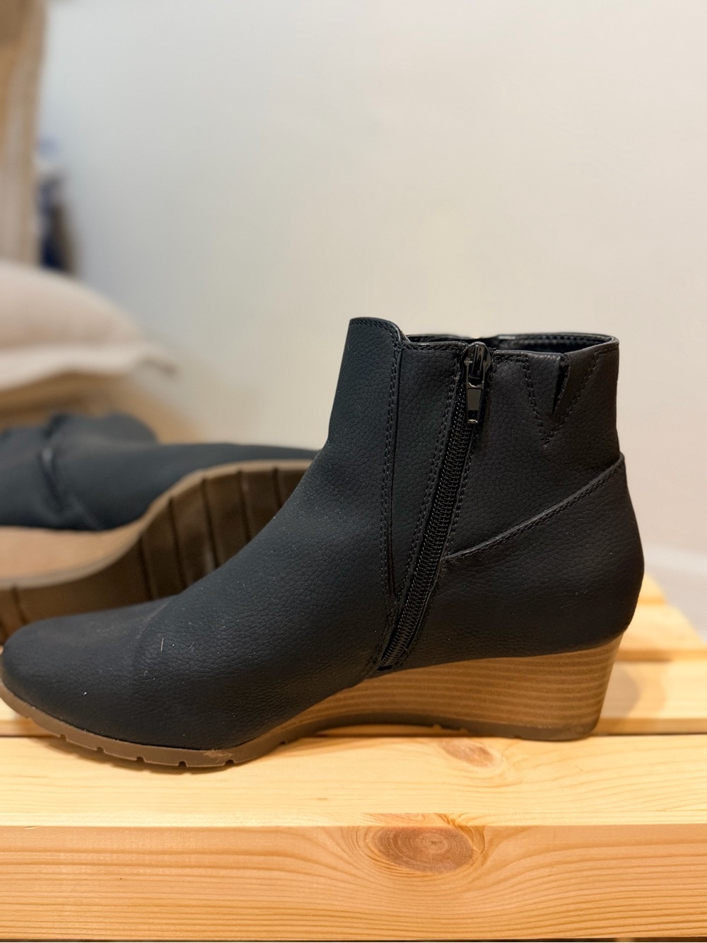 Maurices Black Faux Leather Ankle Booties with Low Wedge